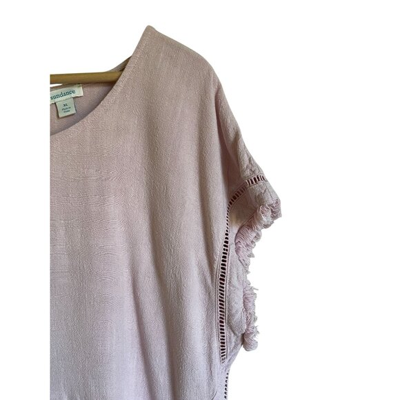 Sundance Size XL Light Pink Fringe Blouse Top Linen Blend Short Sleeve - Picture 3 of 7